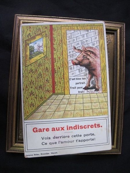 画像2: Postcard  絵画を見つめる豚さん フランス1905年頃 (2)