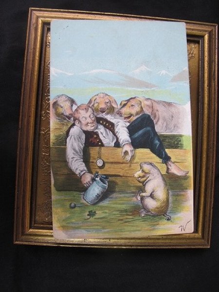 画像2: Postcard  豚さんと眠る男性 オランダ1904年 (2)