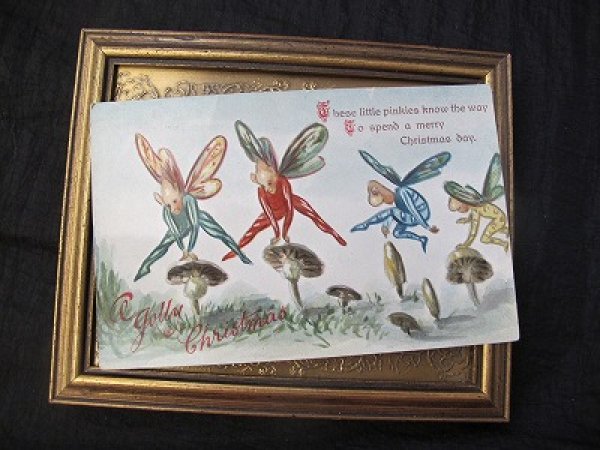 画像2: Postcard  キノコで馬跳び遊びをする妖精たち 1910年頃 未使用 (2)