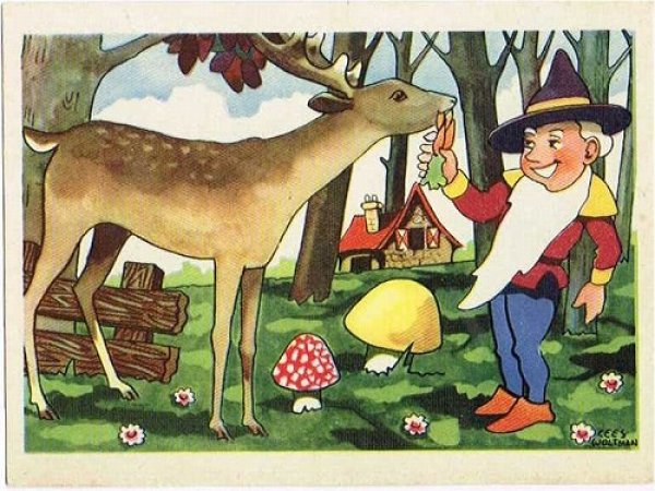 画像1: Postcard 　鹿にニンジンを与えるノーム妖精　キノコ　未使用 (1)