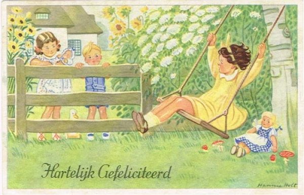 画像1: Postcard 　ブランコで遊ぶ女の子　キノコとお人形 1942年 (1)