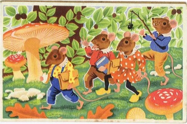 画像1: Postcard 　キノコの森を歩くネズミの子供たち　1940年代 (1)
