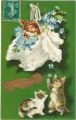 画像1: Postcard 　ボンネット帽子の中の猫と忘れな草のお花　Helena Maguire　 (1)