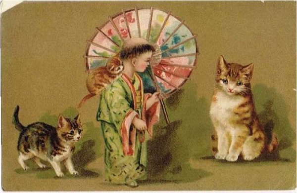 画像1: Postcard 　東洋の子供と猫　Helena Maguire　 (1)