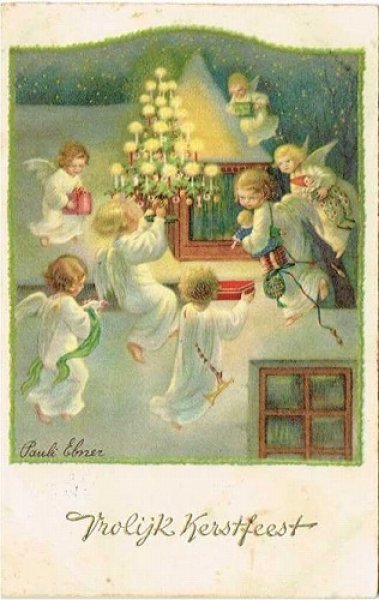 画像1: Postcard  Xmas ツリーとプレゼントを運ぶ天使たち　Pauli Ebner  (1)