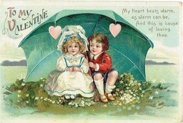 画像1: Postcard　バレンタイン　相合傘の小さな恋人たち　Ellen Clapsaddle　1910年 (1)