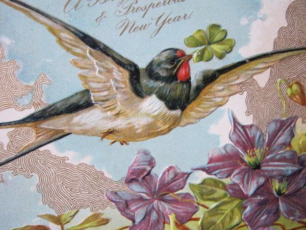 画像2: Postcard  四つ葉クローバーとツバメ クレマチスのお花 1905年 (2)