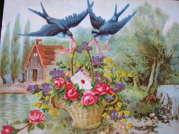 画像2: Postcard  お花かごと手紙を運ぶツバメ 1908年 (2)
