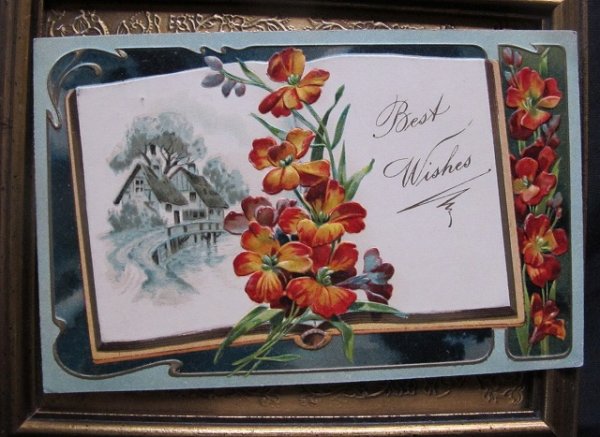 画像1: Postcard 　赤いお花と水辺の家　1910年 (1)