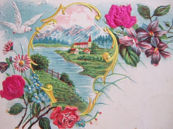 画像2: Postcard   お花と白鳩と水辺の風景 シルク貼り 1904年 (2)