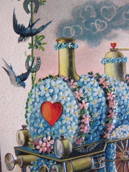 画像2: Postcard  忘れな草のお花の機関車と馬蹄を運ぶツバメ (2)