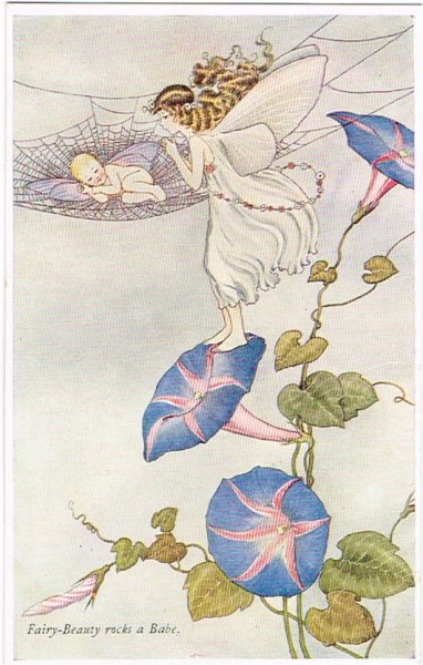画像1: Postcard  朝顔のお花の上で赤ちゃんを見守る妖精　Ida Outhwaite 　未使用 (1)
