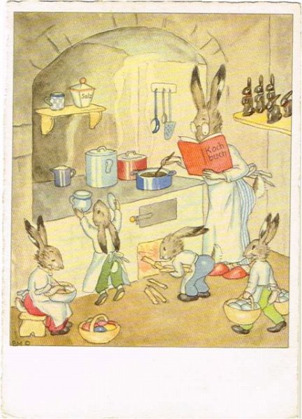 画像1: Postcard 　みんなで一緒にお料理をするウサギさんの家族 (1)
