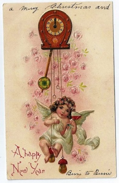 画像1: Postcard  New Year 新年をお祝いする天使　キノコと時計 (1)