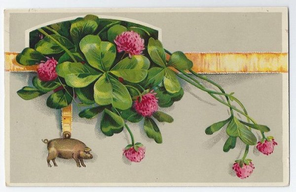 画像1: Postcard  四つ葉のクローバーと豚さんのチャーム　 (1)
