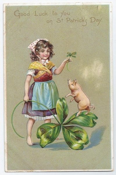 画像1: Postcard  子豚と大きな四つ葉のクローバーを持つ女の子　1909年  (1)