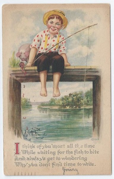 画像1: Postcard  豚さんと魚釣りをする少年　1917年　  (1)
