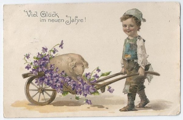 画像1: Postcard  豚さんとスミレのお花を運ぶ男の子　1905年頃 (1)