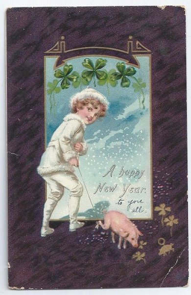 画像1: Postcard  Happy New Year 男の子と子豚　1907年　 (1)