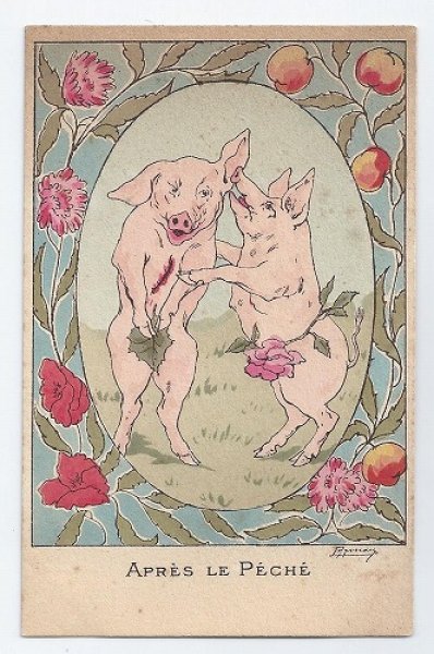 画像1: Postcard  豚さんのアダムとイブ　創世記　 (1)