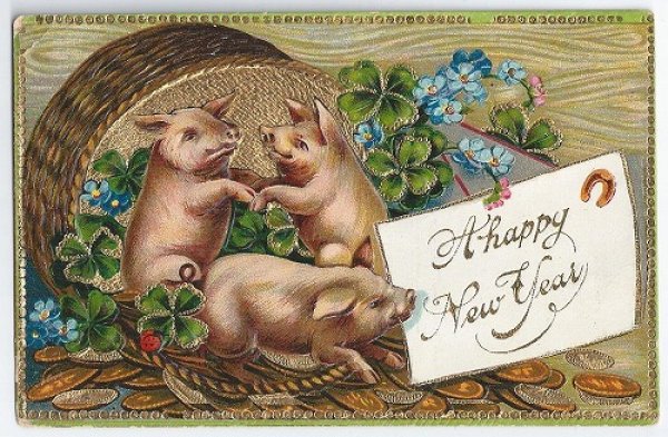画像1: Postcard  New Year  金貨と3匹の豚さん　 (1)