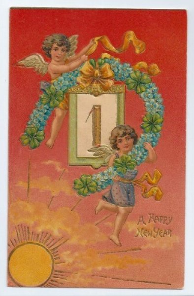 画像1: Postcard 　New Year 馬蹄を運ぶ天使  1909年　 (1)