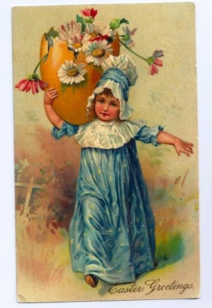 画像1: Postcard 　イースター　大きな卵にお花を入れて運ぶ女の子   (1)