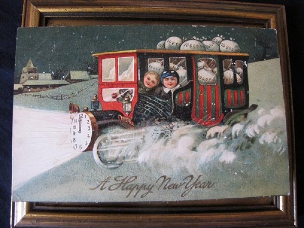 画像2: Postcard New Year お金を運ぶ車 1910年 (2)