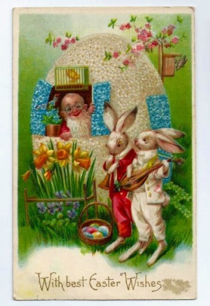 画像1: Postcard　イースター　ノーム妖精の卵のお家とウサギさんの音楽隊 1908年　 (1)