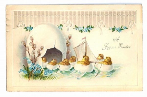 画像1: Postcard　イースター　卵のボートで帰宅するヒヨコさん　Clapsaddle?　 (1)