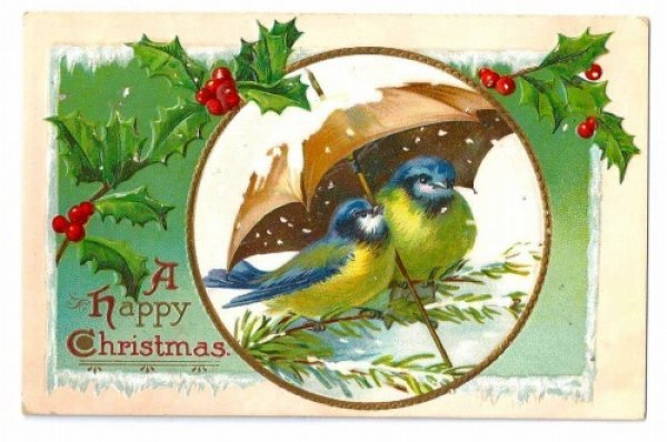 画像1: Postcard　クリスマス　相合傘の小鳥たち　 (1)