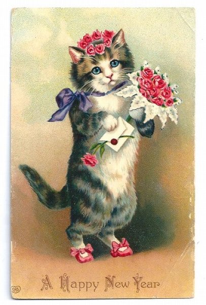 画像1: Postcard　手紙と薔薇のお花を持った猫　1909年　　 (1)