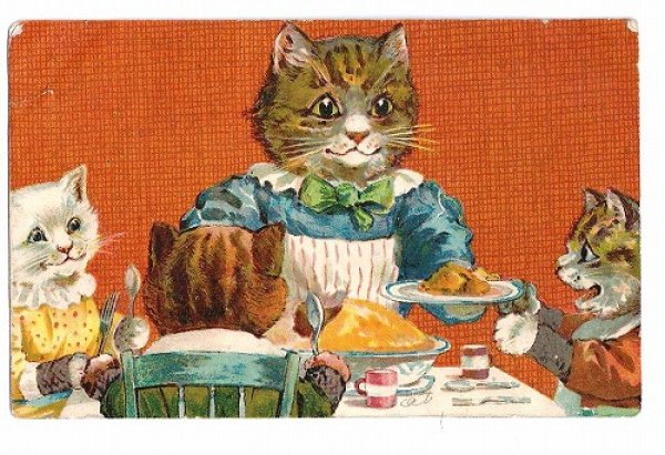 画像1: Postcard  パイを取り分ける猫のお母さん　G.H. Thompson　イギリス1902年 (1)