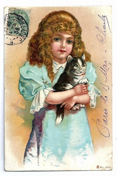 画像1: Postcard　猫を抱く女の子　フランス1908年 (1)