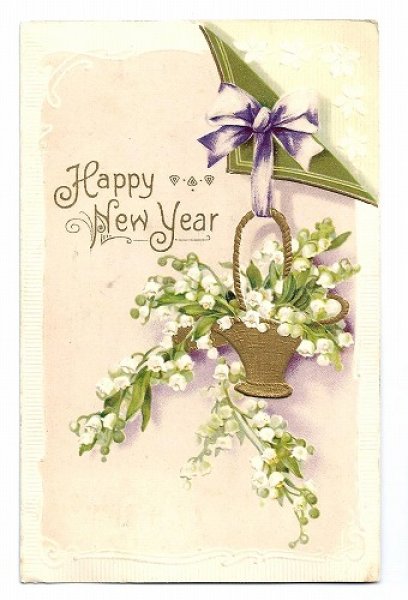 画像1: Postcard　New Year  スズランのお花　1908年 (1)