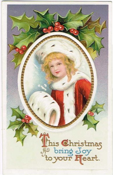 画像1: Postcard　クリスマス Xmas マフと赤いコートの女の子　 E.Clapsaddle ? (1)