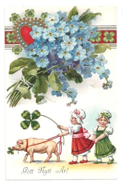 画像1: Postcard　New Year  豚と2人の女の子　忘れな草　未使用 (1)