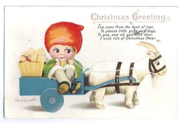 画像1: Postcard　白ヤギさんの車に乗る男の子　Ellen Clapsaddle　1913年 (1)