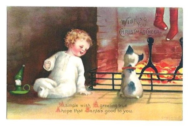 画像1: Postcard  Xmas  サンタさんを待つ子どもと犬　Ellen Clapsaddle (1)