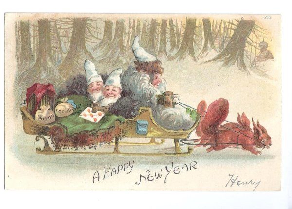 画像1: Postcard  NewYear  リスソリに乗るノーム妖精さん　1907年 (1)