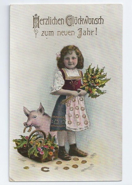 画像1: Postcard　New Year　新年をお祝いする女の子と子豚　 (1)