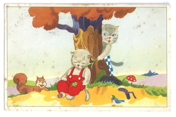 画像1: Postcard　いたずらな猫とリス　キノコ　  (1)
