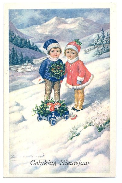 画像1: Postcard　New Year キノコを運ぶ子どもたち　1938年　  (1)