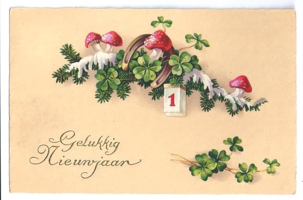 画像1: Postcard　New Year 新年祝い　キノコ　四葉　馬蹄　1935年　  (1)