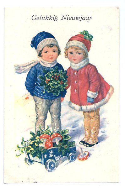 画像1: Postcard　New Year　キノコを運ぶ子どもたち　ヤドリギ　ホーリー　1937年　  (1)