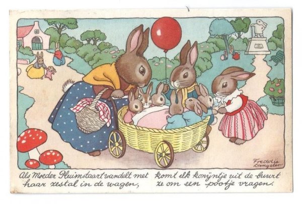 画像1: Postcard　ウサギさんの大家族　風船とキノコ　1944年　  (1)