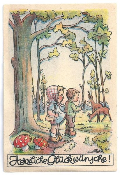 画像1: Postcard　キノコの森の子どもと鹿　  (1)