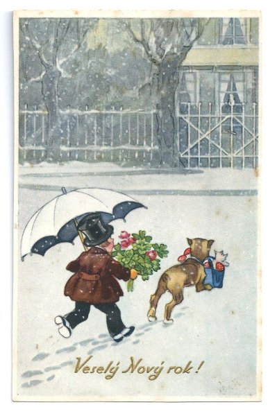 画像1: Postcard　 バラのお花を持つ少年とキノコと子猫を運ぶ犬　 (1)