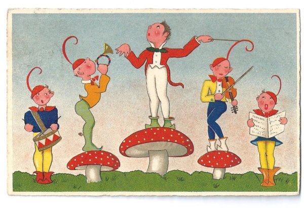 画像1: Postcard　キノコの上で演奏をする妖精たち　 (1)