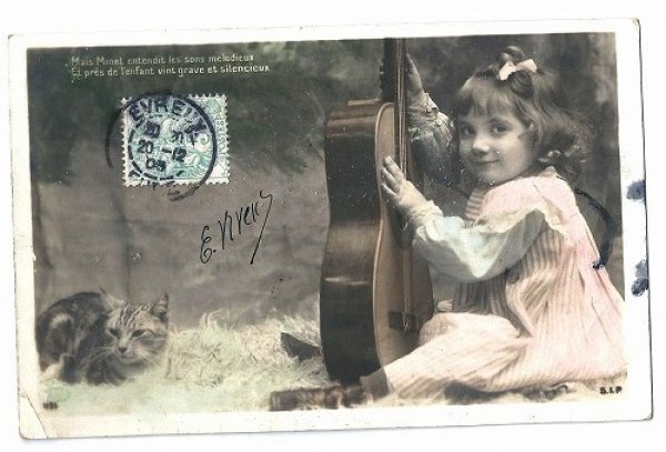 画像1: Postcard　ギターを持つ女の子と猫　フランス　　 (1)